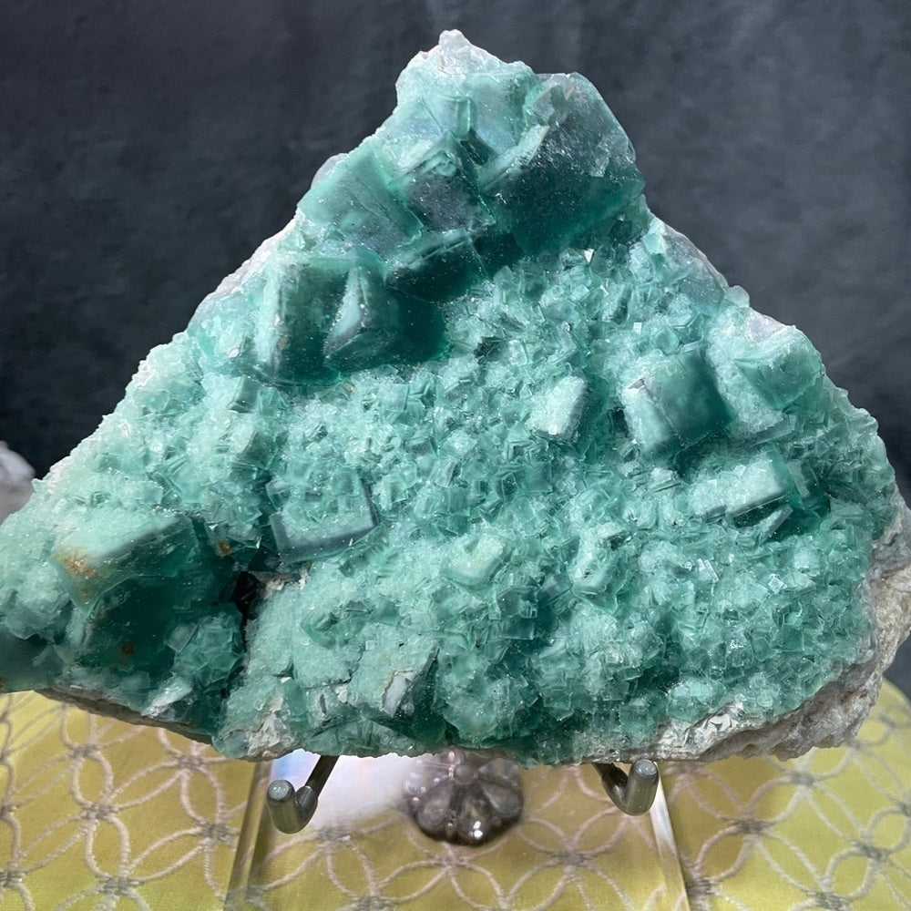 6”x3”- 3 shades green fluorite- glass like transparency large/small cubic form