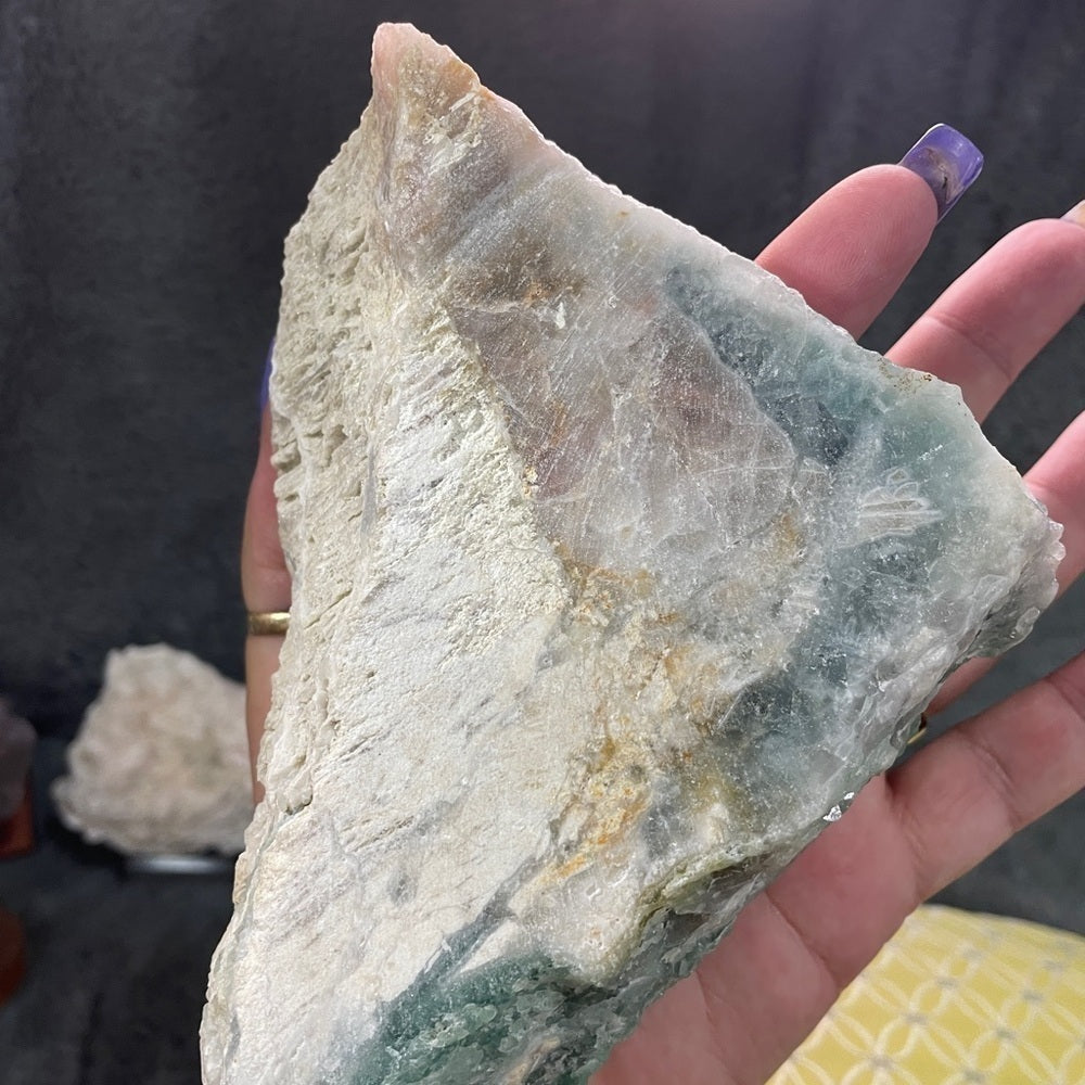 6”x3”- 3 shades green fluorite- glass like transparency large/small cubic form