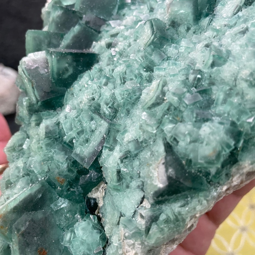 6”x3”- 3 shades green fluorite- glass like transparency large/small cubic form