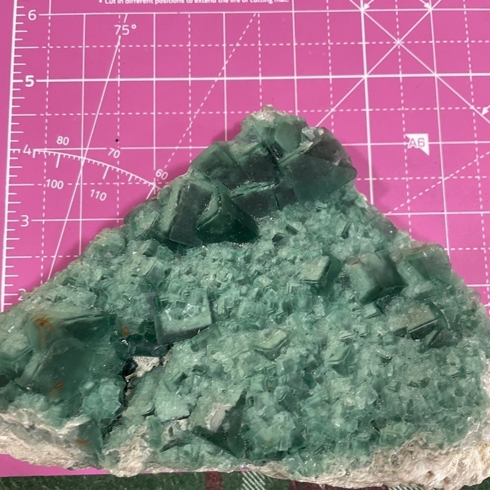 6”x3”- 3 shades green fluorite- glass like transparency large/small cubic form