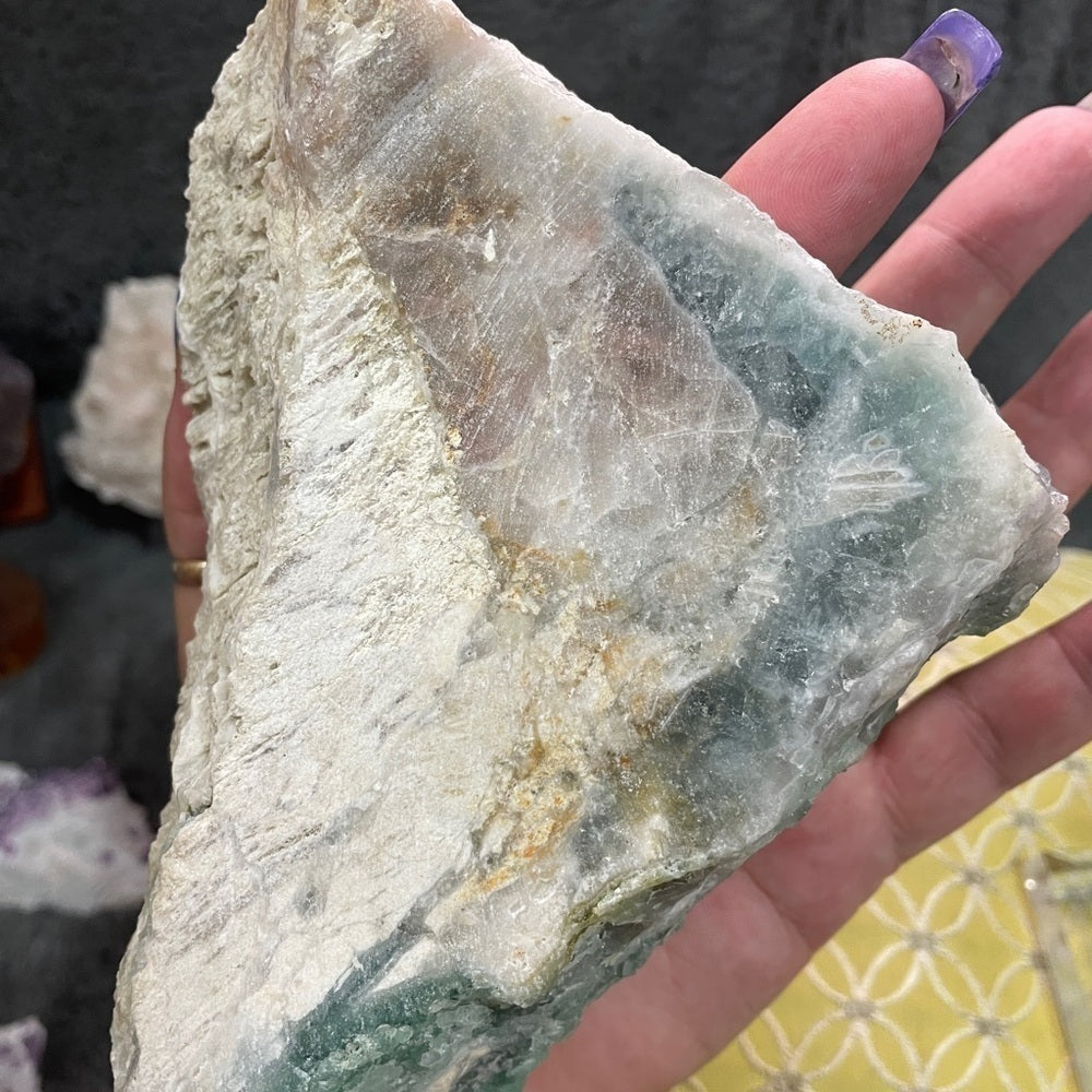 6”x3”- 3 shades green fluorite- glass like transparency large/small cubic form