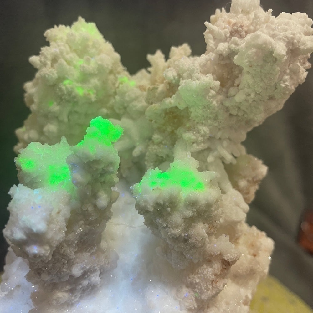 STUNNING CORAL REEF LIKE - white HYDROZINCITE 6”x4” STRONG GREEN UV