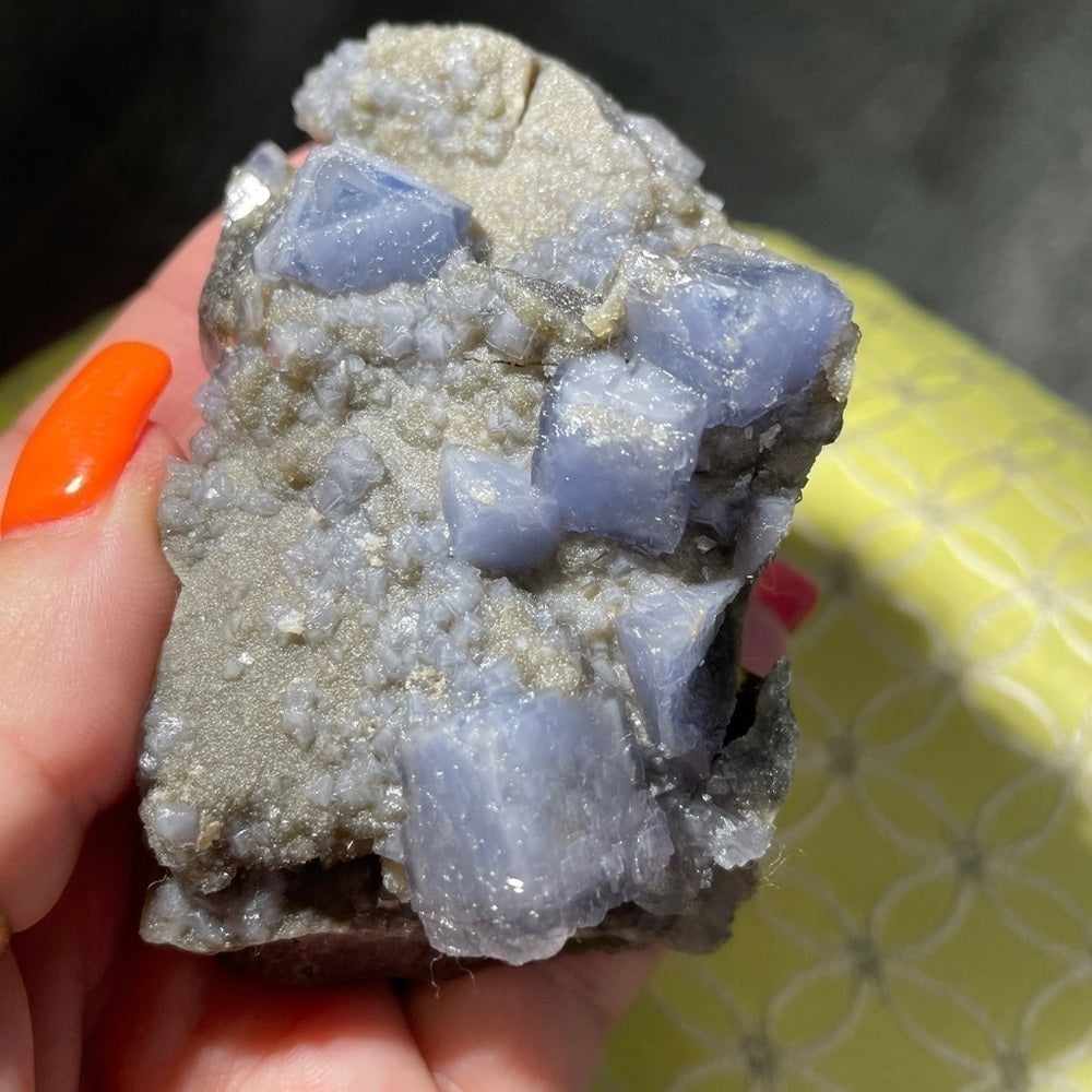 Raw crystal - grey calcite BLUE CUBED FLUORITE 3”x2” amazing specimen calming