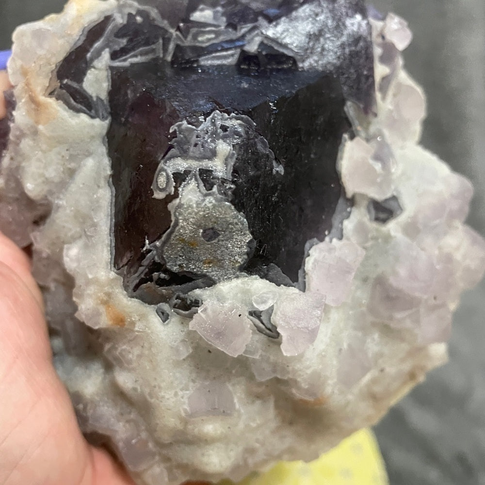 Deep purple fluorite, XL cubic formation covered in white sugar calcite 4”x3” UV