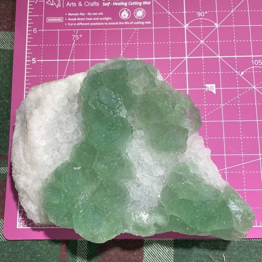 Raw crystal cluster EXTRA SUGAR CALCITE w- green fluorite 7”x5”x2”+