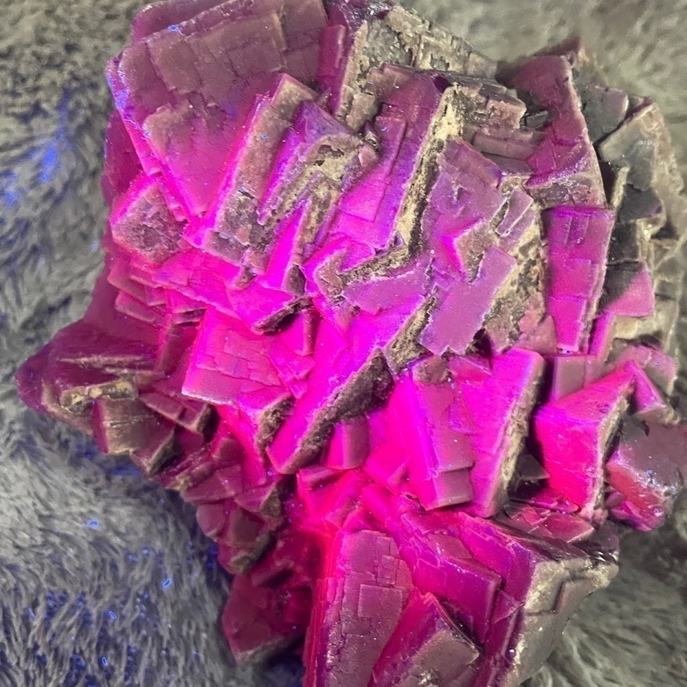 Raw Black fluorite crystal cluster! XL extra chunky, big cube forms RED UV 7”x5”
