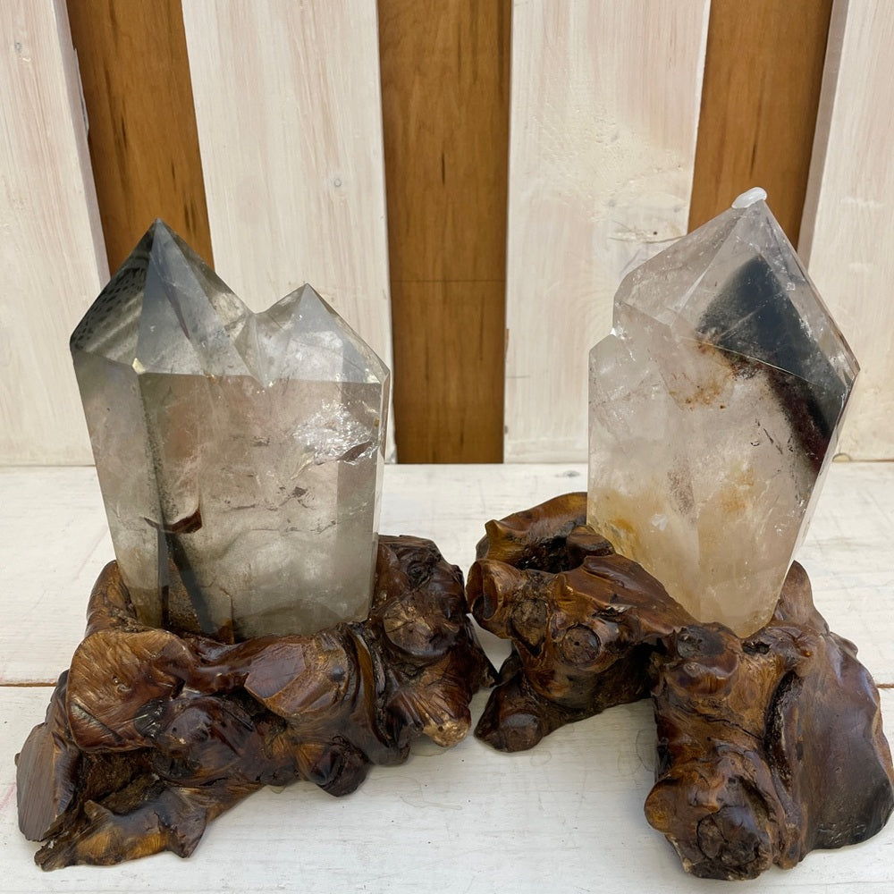 Clear Quartz and Garden Crystal on Wooden customized stand 2.5LBS