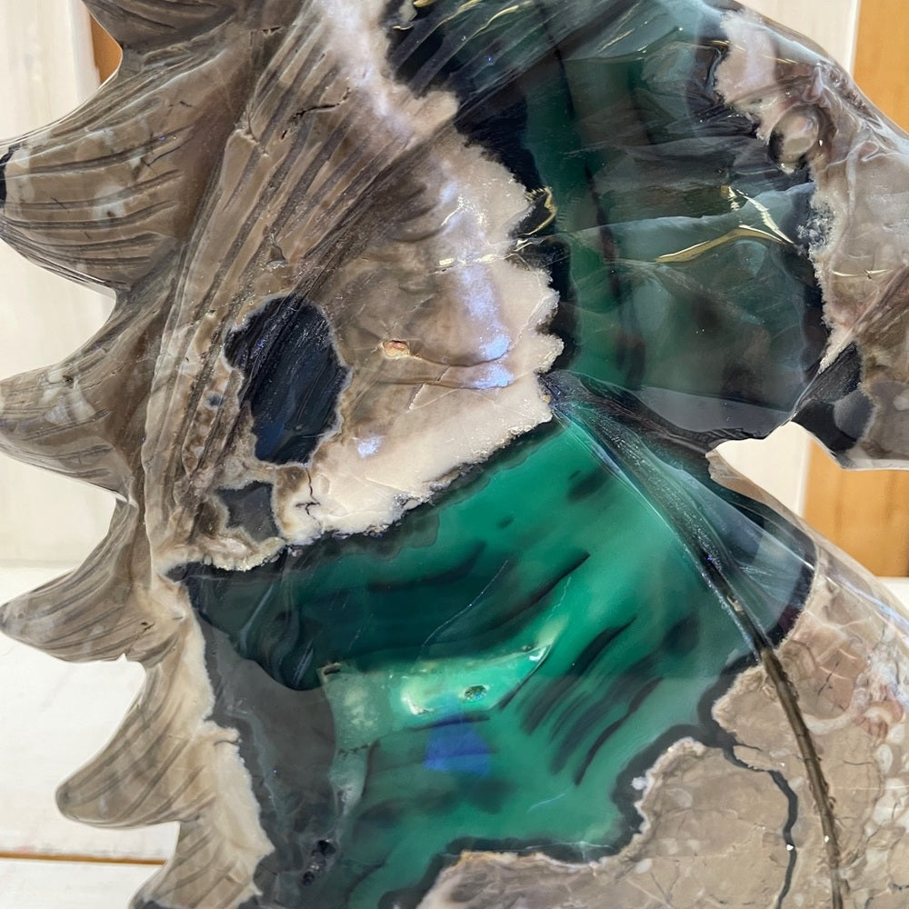 8.7 LBS Natural-Polished Volcano Agate UNICORN carving, STRING UV