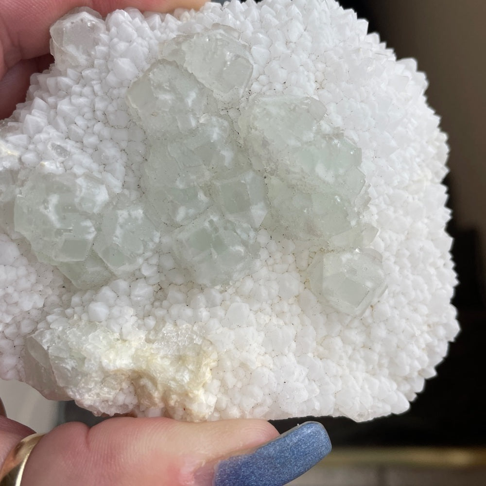 RAW CRYSTAL CLUSTER - GREEN FLUORITE sugar calcite with- STRONG-purple UV 4”x3”
