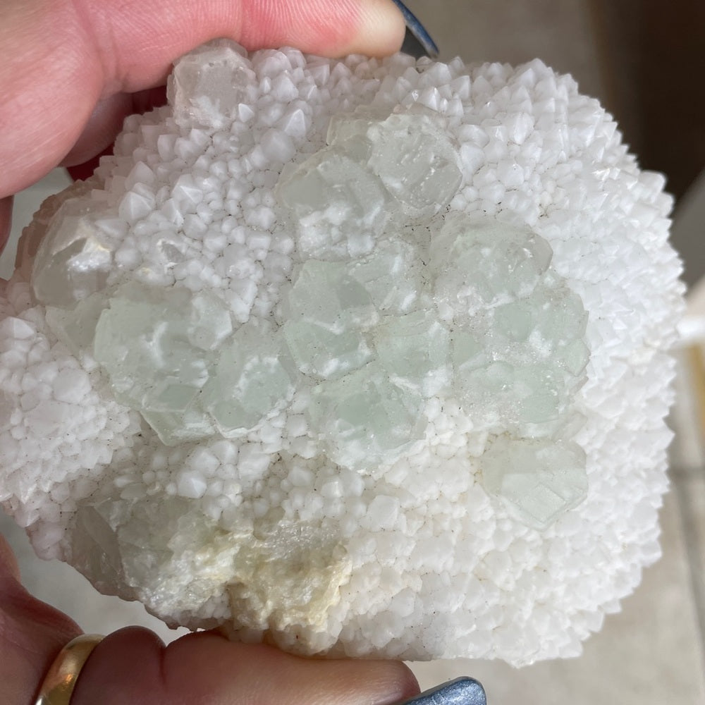 RAW CRYSTAL CLUSTER - GREEN FLUORITE sugar calcite with- STRONG-purple UV 4”x3”