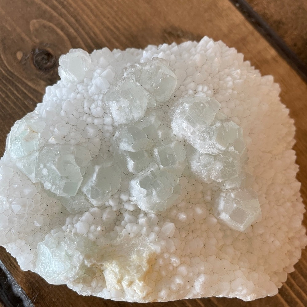 RAW CRYSTAL CLUSTER - GREEN FLUORITE sugar calcite with- STRONG-purple UV 4”x3”