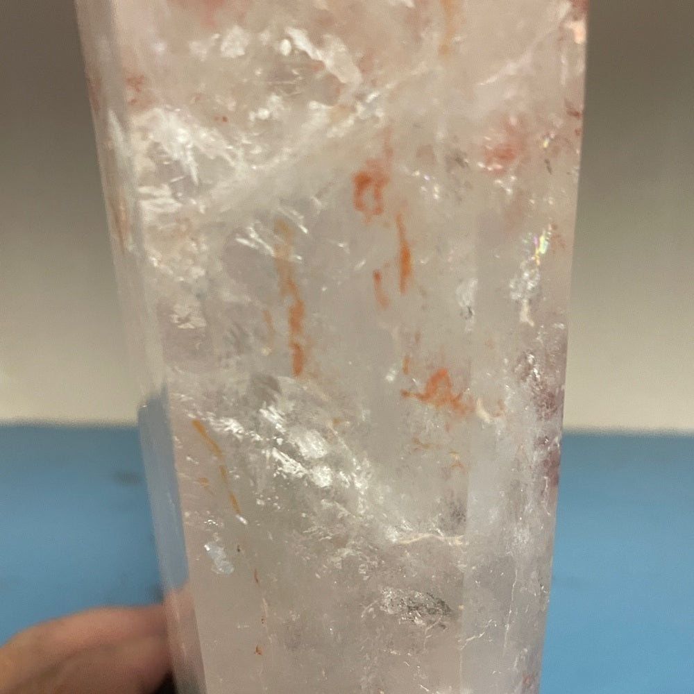 HQ 8”TALL-3.3LBS CLEAR QUARTZ TOWER W/ ROSE QUARTZ INCLUSIONS