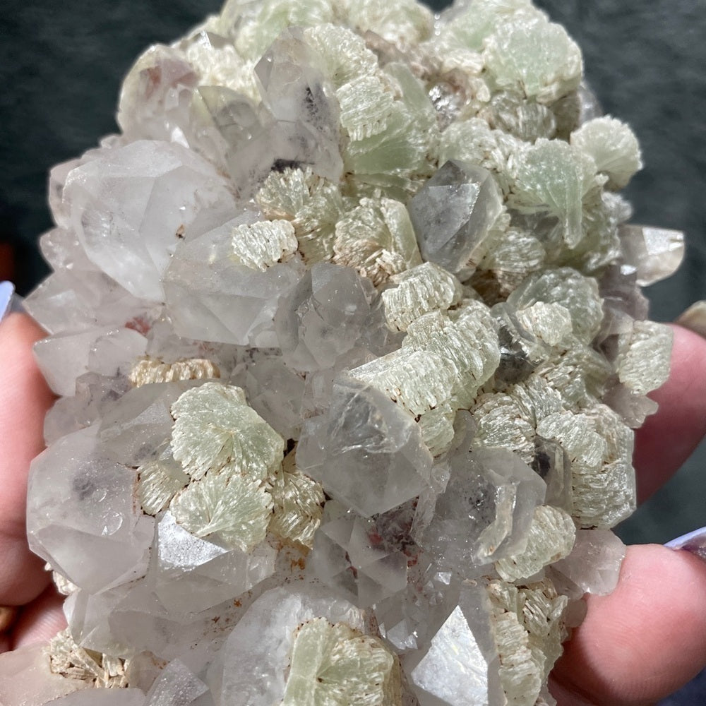PROTECTIVE- PINK GARDEN QUARTZ CLUSTER- all natural 6”x3”x2” W PREHNITE