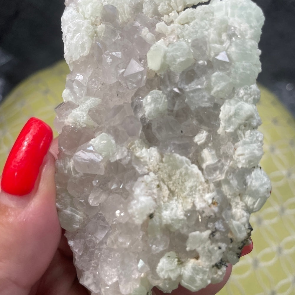 NATURAL CLEAR QUARTZ /DIAMOND QUARTZ COVERED IN PREHNITE 2.5”x2”