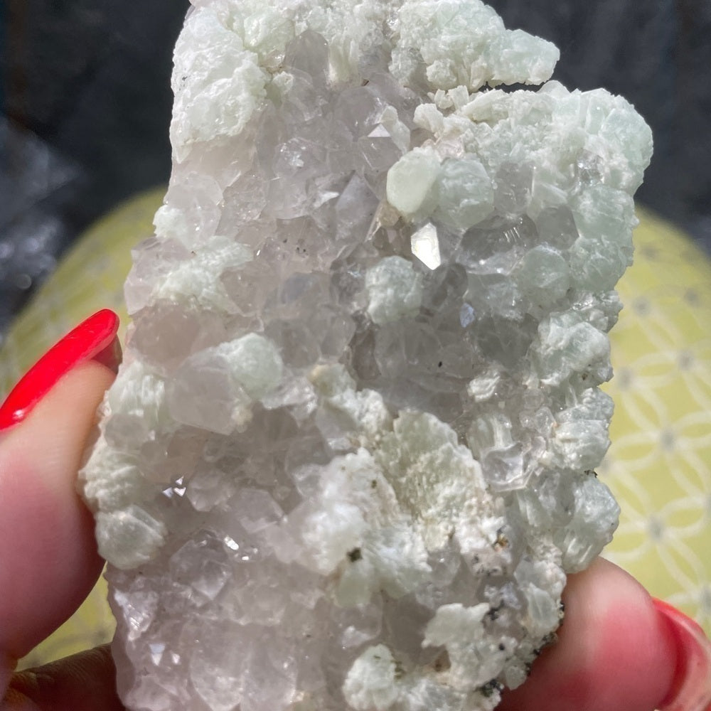 NATURAL CLEAR QUARTZ /DIAMOND QUARTZ COVERED IN PREHNITE 2.5”x2”