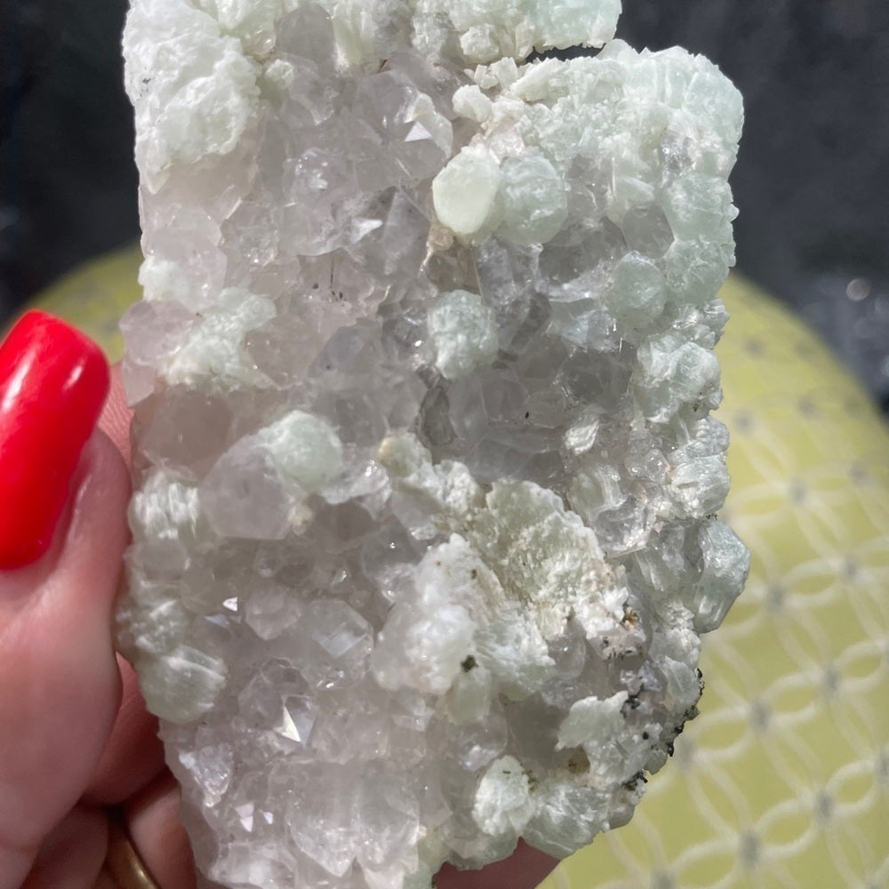 NATURAL CLEAR QUARTZ /DIAMOND QUARTZ COVERED IN PREHNITE 2.5”x2”