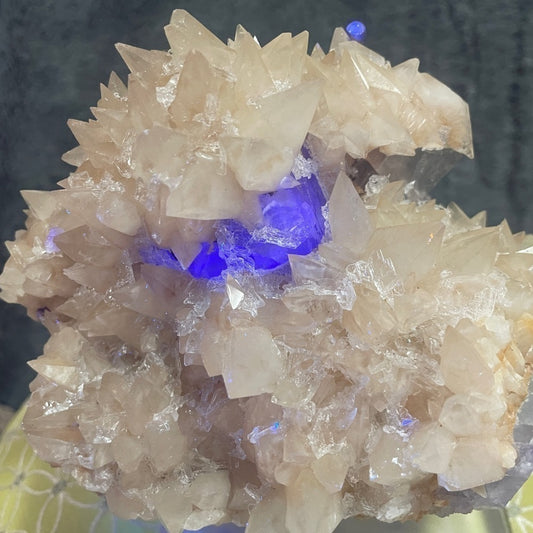 Raw crystal- large yellow tooth calcite FLUORITE W- purple UV 5”x5”x 3”
