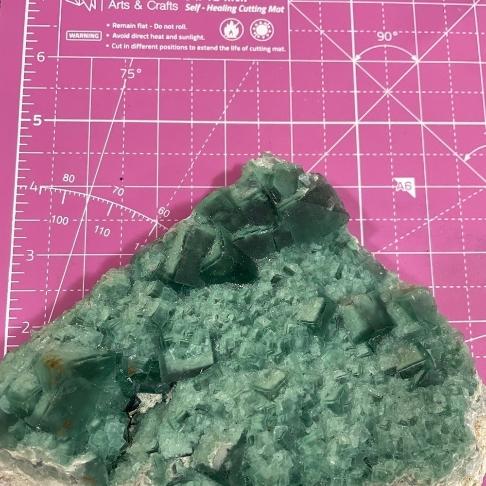 6”x3”-  3 shades green fluorite- glass like transparency large/small cubic form