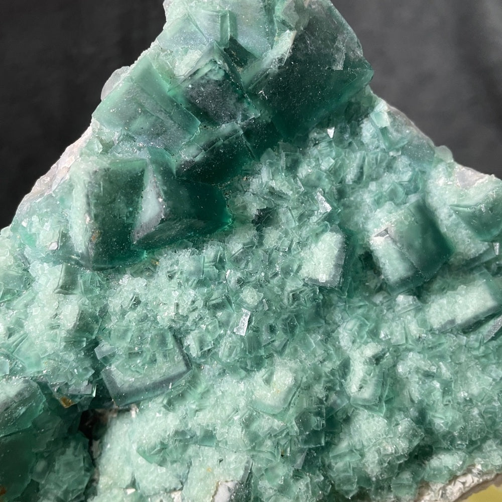 6”x3”-  3 shades green fluorite- glass like transparency large/small cubic form