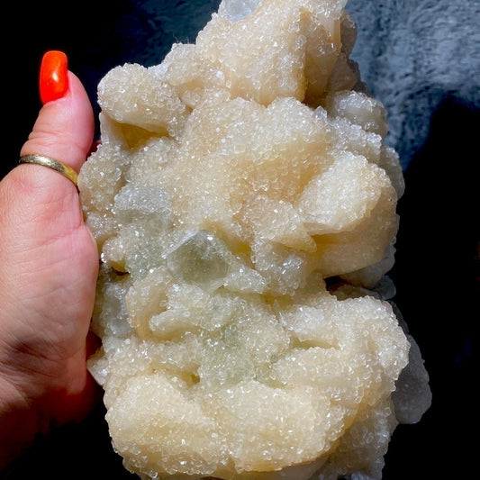 XL crystal cluster - HUGE stilibite with green fluorite 1”cubes 9”x5”x5” SUGAR