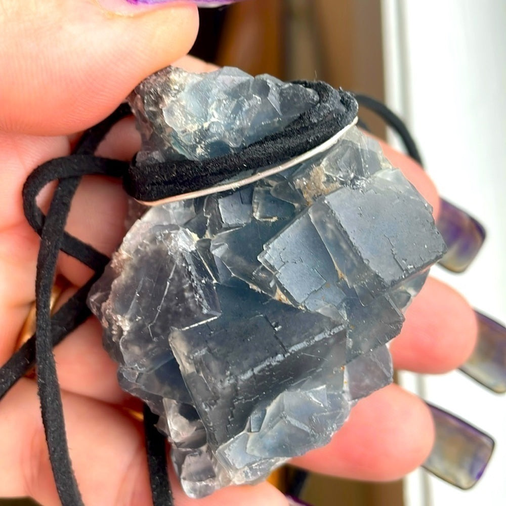 Raw, rough, natural crystal- blue fluorite necklace