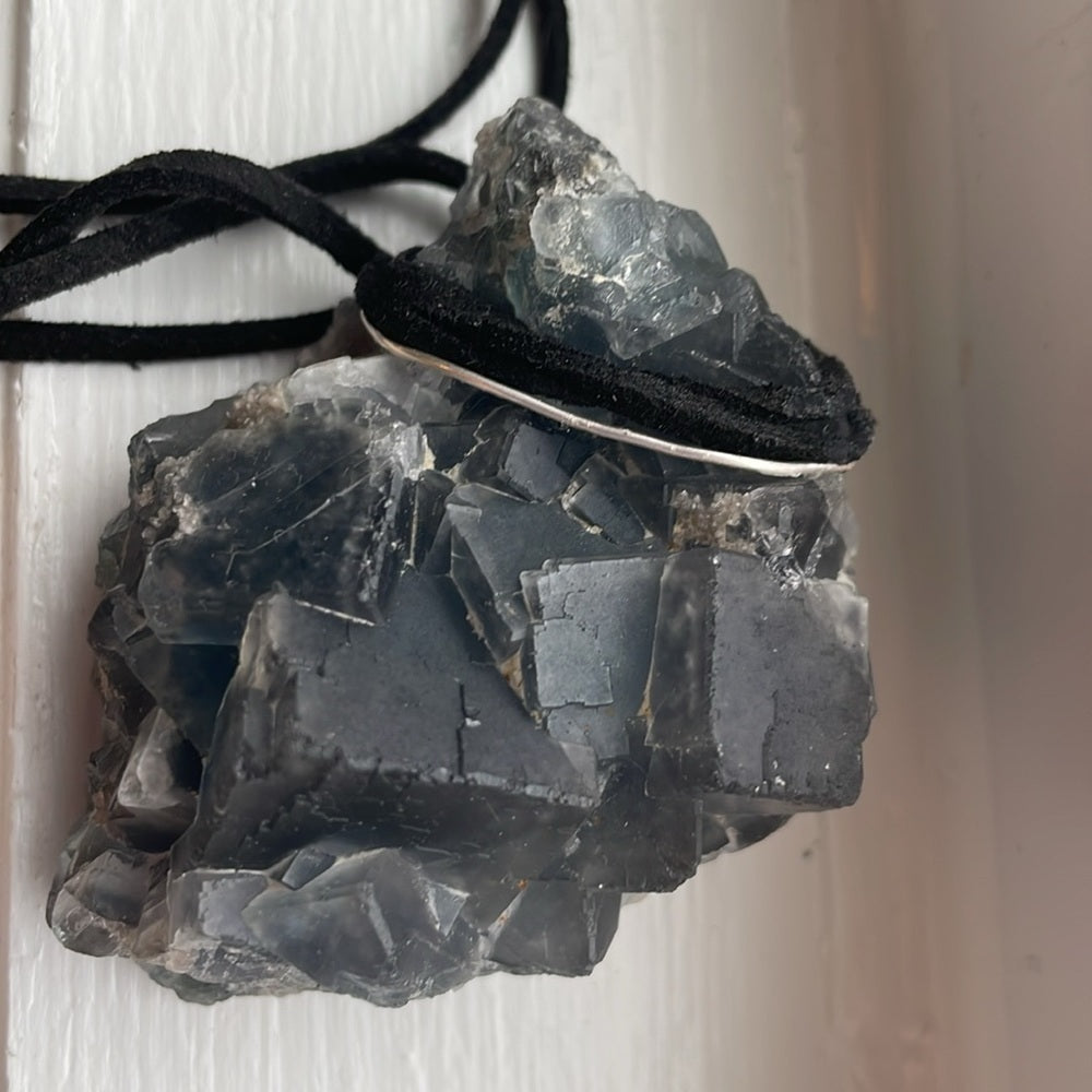Raw, rough, natural crystal- blue fluorite necklace