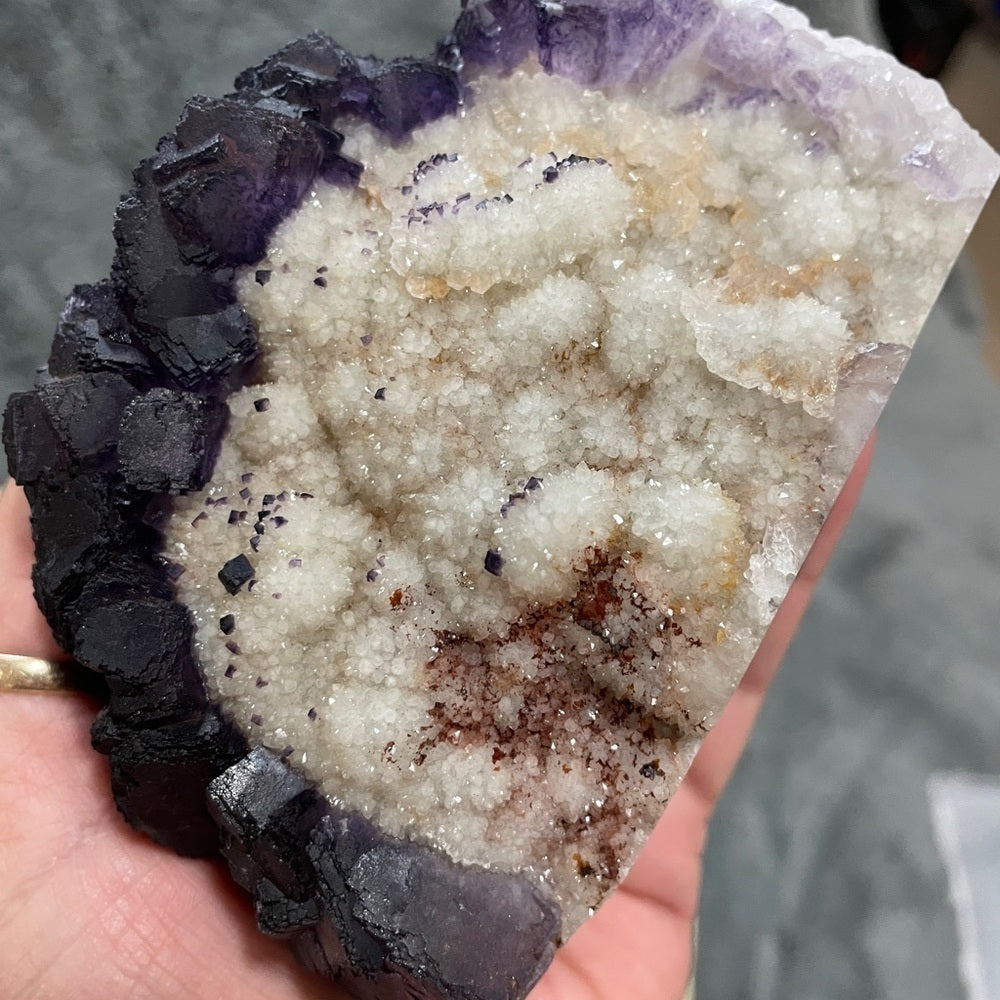 STUNNING SPHALERITE XTRA DRUZY FLOWER- PURPLE FLUORITE UV REACTION 5”x3.5”x2”