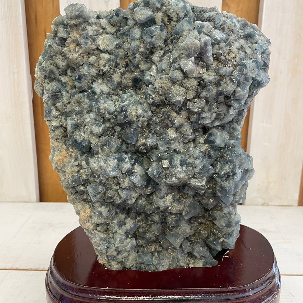 15.7 lb Natural Stunning green fluorite Specimen on custom wood stand, STRONG UV