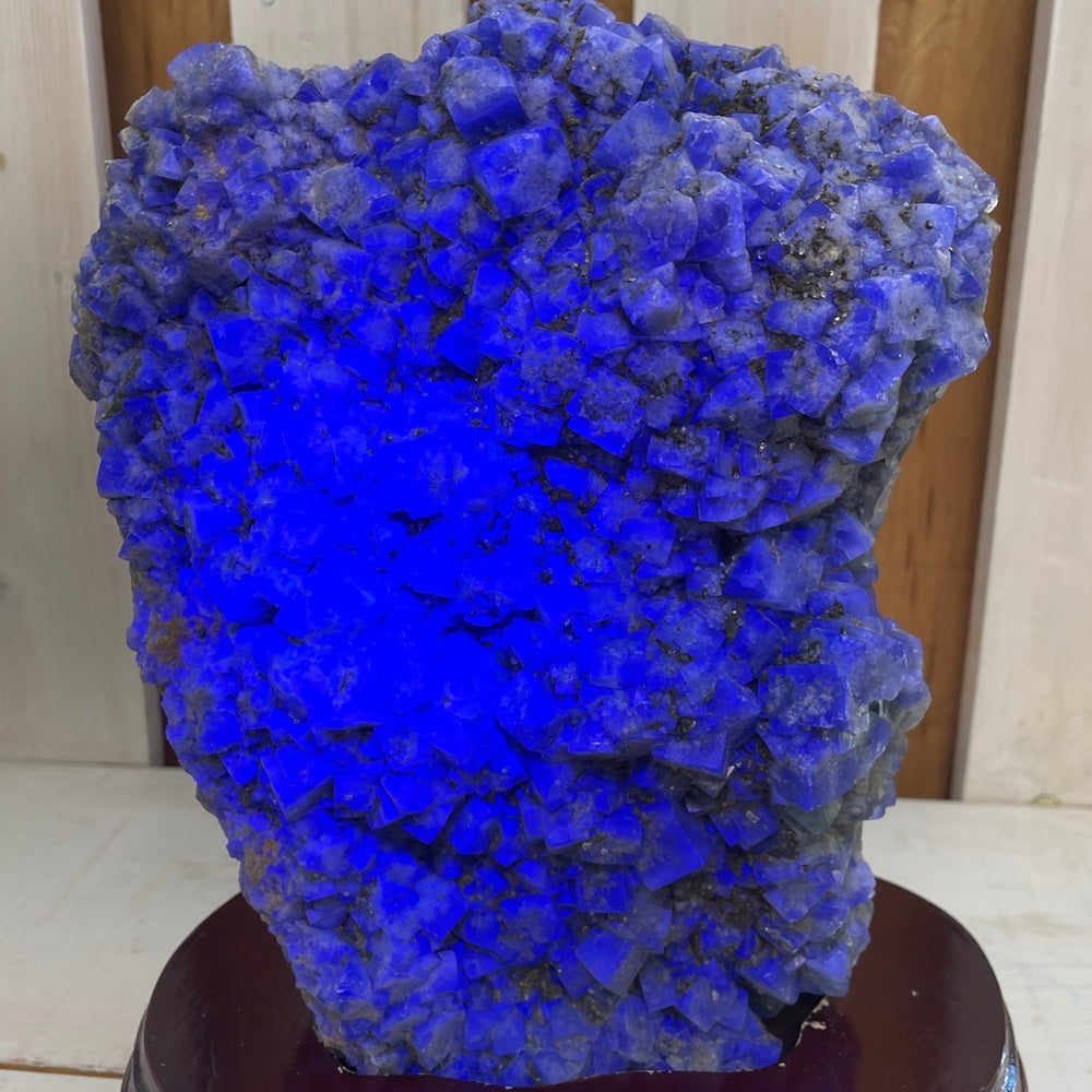 15.7 lb Natural Stunning green fluorite Specimen on custom wood stand, STRONG UV