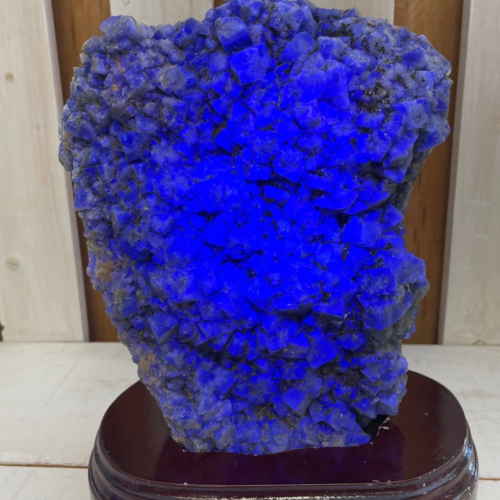 15.7 lb Natural Stunning green fluorite Specimen on custom wood stand, STRONG UV