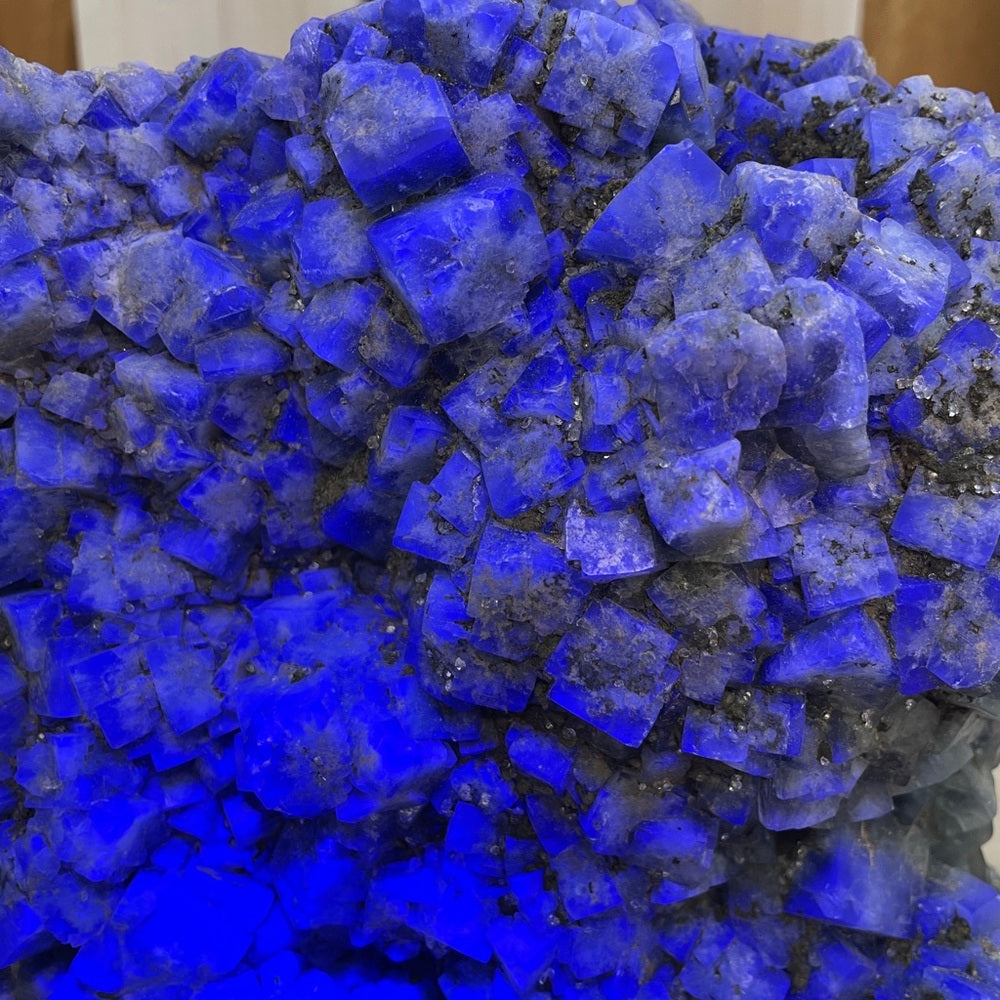 15.7 lb Natural Stunning green fluorite Specimen on custom wood stand, STRONG UV