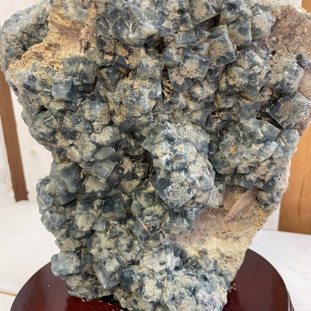 15.7 lb Natural Stunning green fluorite Specimen on custom wood stand, STRONG UV
