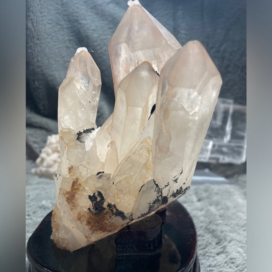 XL CLEAR QUARTZ, w/ garden inclusions 6”x 6” w/ custom stand