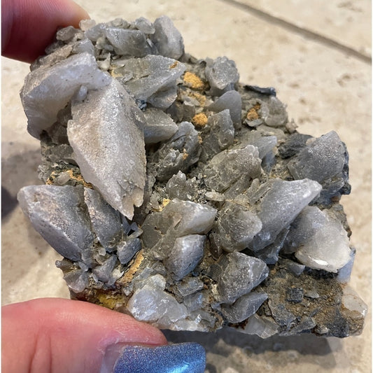 Raw crystal cluster- VERY UNIQUE- grey tooth calcite 4.6”x4” lots of dogs teeth