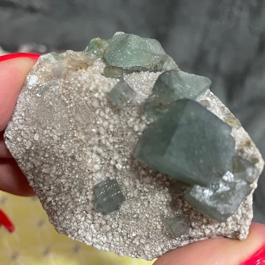 PERFECT GREEN MORANDI FLUORITE CUBIC FORMATIONS ON QUARTZ MATRIX 2.5”x2”