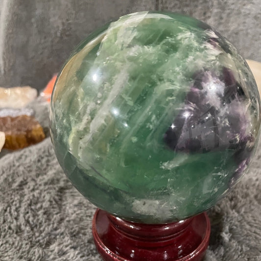 STEAL!!Green and Purple 5” “FEATHER” (rare) FLUORITE sphere with stand!