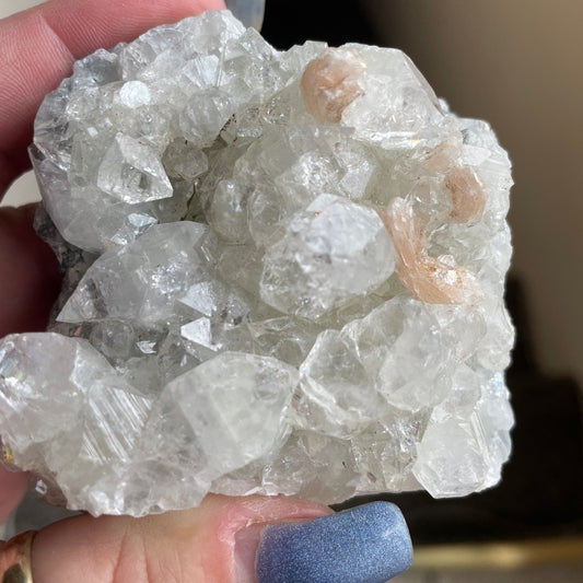 Raw crystal cluster- Apophyllite with stilibite      3”x3”x2” thick super shine