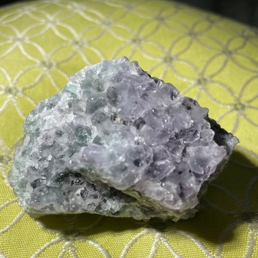 Raw crystal- purple and green fluorite w/ sugar calcite- 2”x2” baby cubes-palm