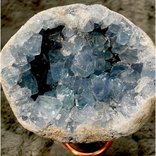 Raw crystal- EXTRA CHUNKY BLUE CELESTITE GEODE 4” diameter! Stress relief