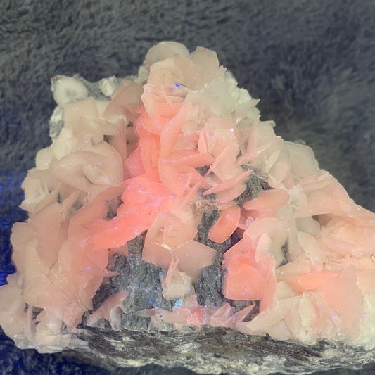 Raw crystal cluster- paddle calcite - Pink UV REACTION 5”x4”x3” thick- ENERGY