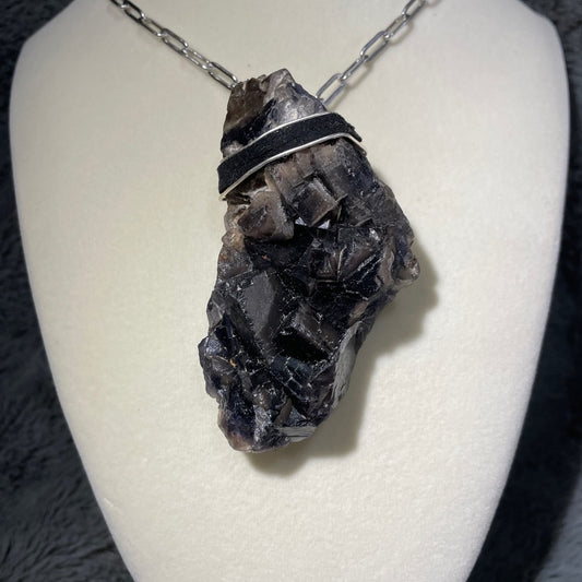 Raw black fluorite cube crystal necklace 3”x1” XL BILS- boho style