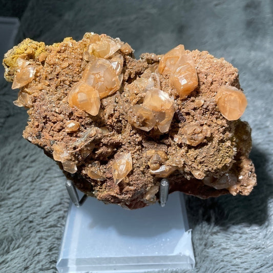 Raw-red calcite with quartz cluster 5”x3”2”