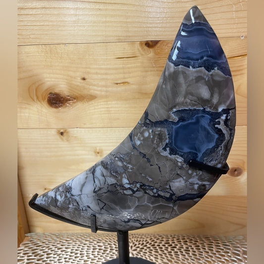 Natures Volcano agate MOON carving!! 13”H w/stand- Crystal Gemstone 9”x4.5” UV