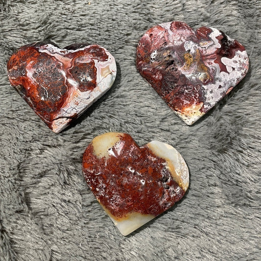 SET OF 3 HEART ❤️ SHAPED NATURAL RED CRAZY LACE AGATE POLISHED CRYSTALS! 2”-3”