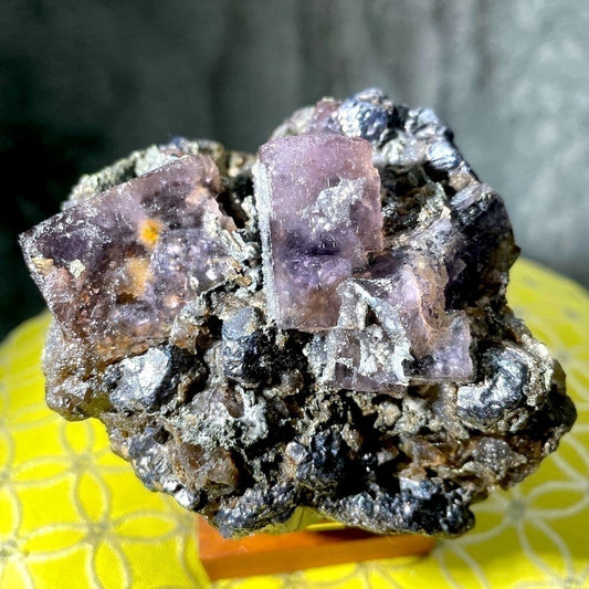 PURPLE FLUORITE CUBES ON BLACK MATRIX- 2” cubic formations STRONG UV 4”x3”