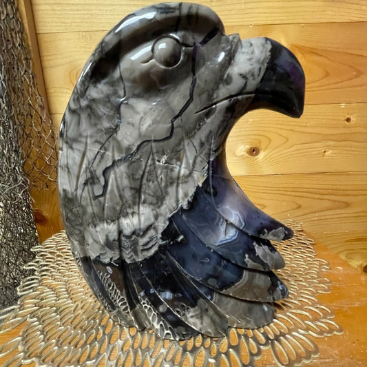 Majestic Volcano Agate, Blue and Gray Eagle Head Sculpture Natural Gemstone- UV