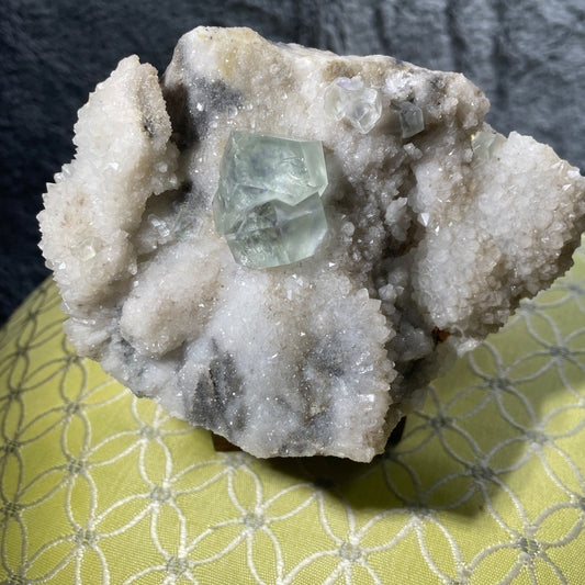 NATURAL CLEAR QUARTZ. SPHALERITE & 1 LARGE GREEN FLUORITE CUBE 5”x3”