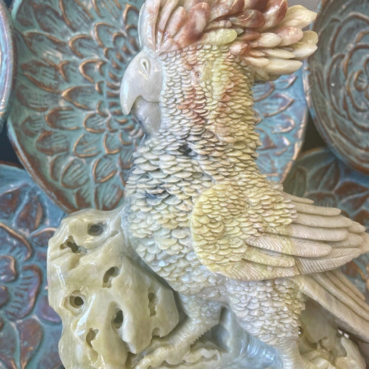 Elegant Multicolor YELLOW JADE Parrot HAND CRAFTED SCULPTURE and customized wood