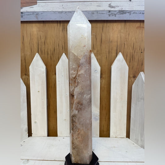7.6 KG 23” tall, over 5” thick Clear Quartz & Fire inclusion Quartz Tower