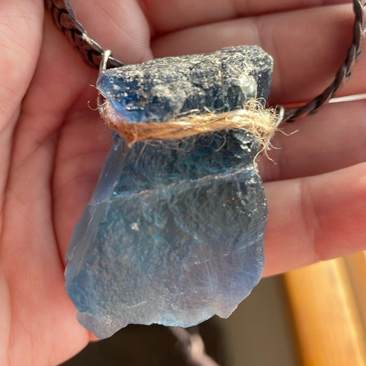 Raw Crystal necklace- genuine specimen- translucent BLUE FLUORITE - boho style